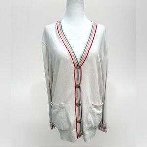 St Johns Bay Cardigan Sweater Rainbow Trim Ivory Women XL 100% Cotton Pockets